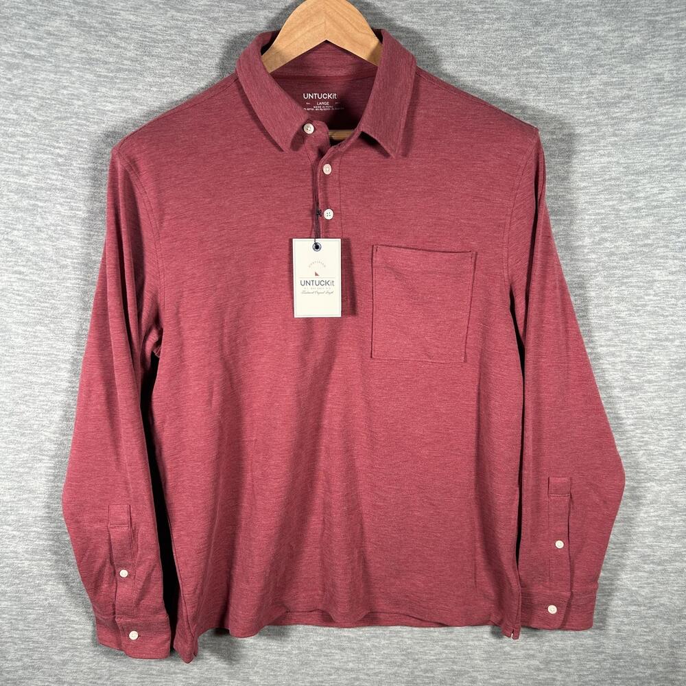 UNTUCKit Long Sleeve Polo Shirt Mens Large Red Jersey Pocket Tagless Stretch NEW